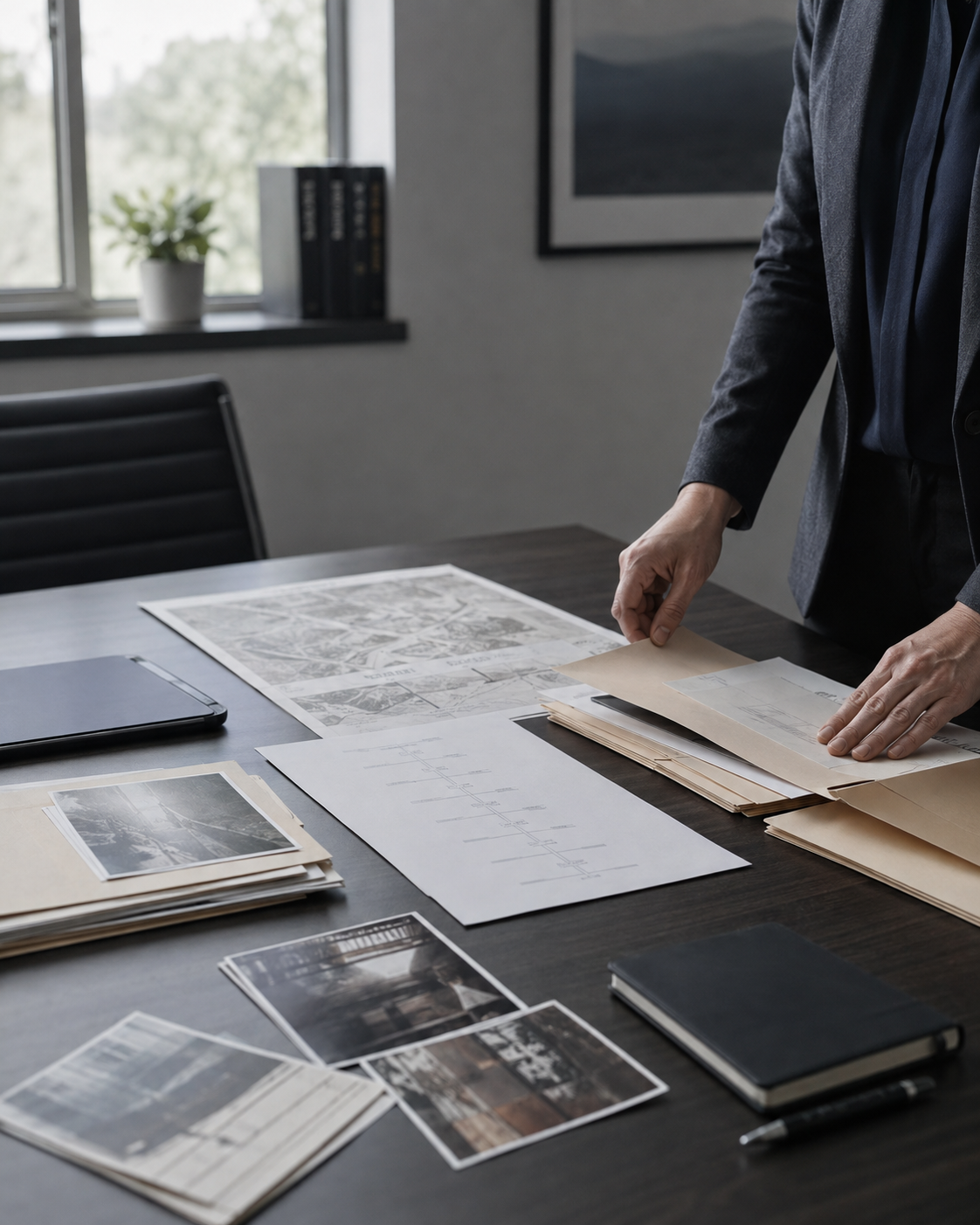 Organized case materials, mapping, and chronology documents being reviewed in a professional office